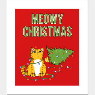 Meowy Christmas Tabby Cat Knocked Over Xmas Tree Posters and Art